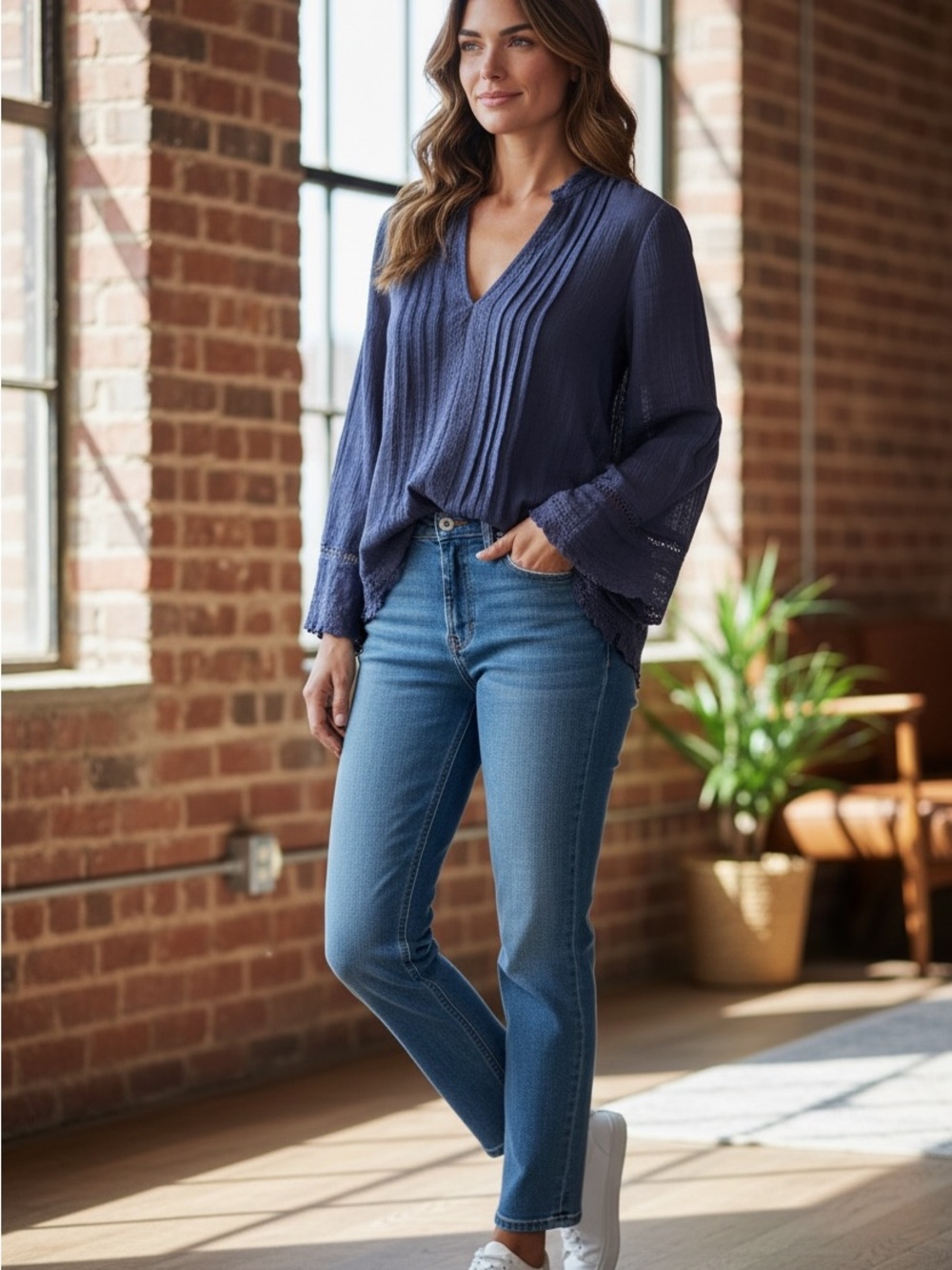 Rewind Navy Boho Pintuck Lace Blouse Large